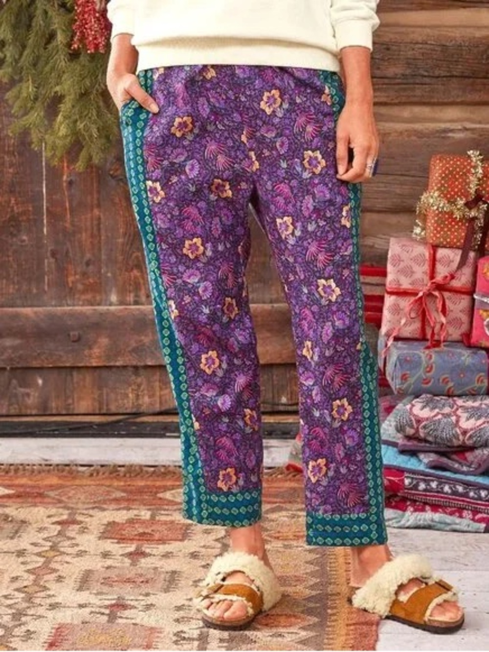 Sundance Lola Pull On Drawstring Waist Pants Violet Floral Print Cotton XS NEW